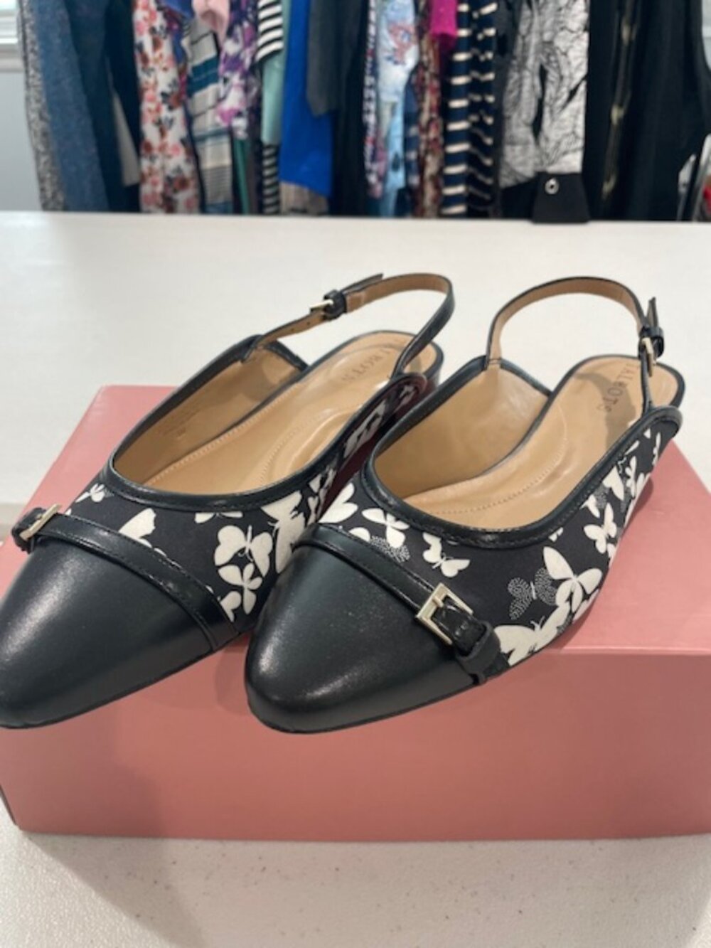 Talbot Edison Sling Back in Black and White Buterrfly Print- 8m